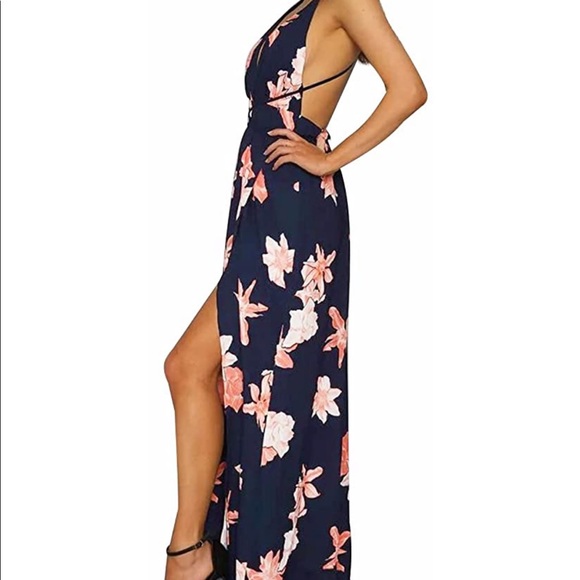 Navy Blue Floral Maxi Dress (Only worn once) - Picture 2 of 7